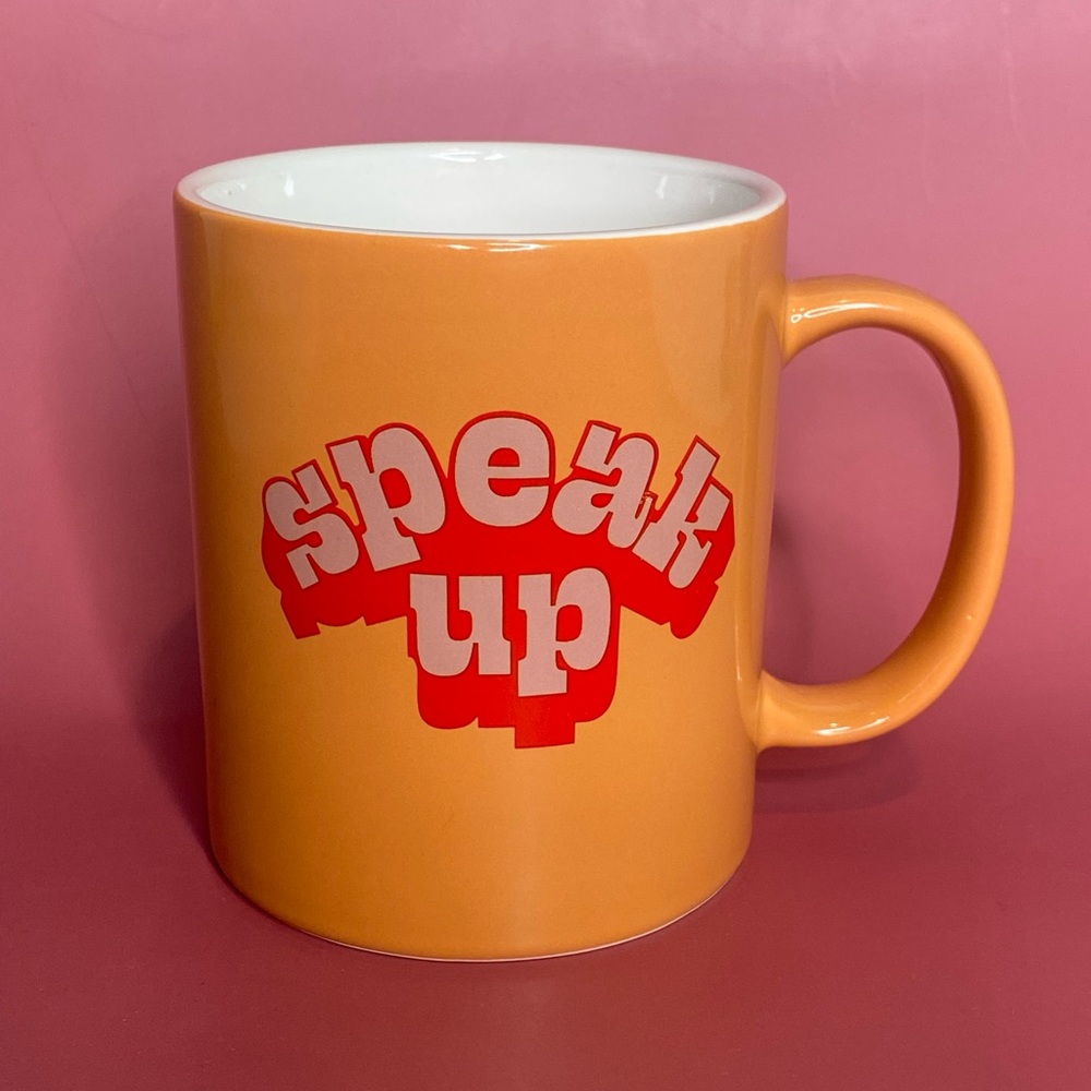 Room Essentials Stoneware “ SPEAKUP”  Orange Coffee Mug Tea Gift Funny